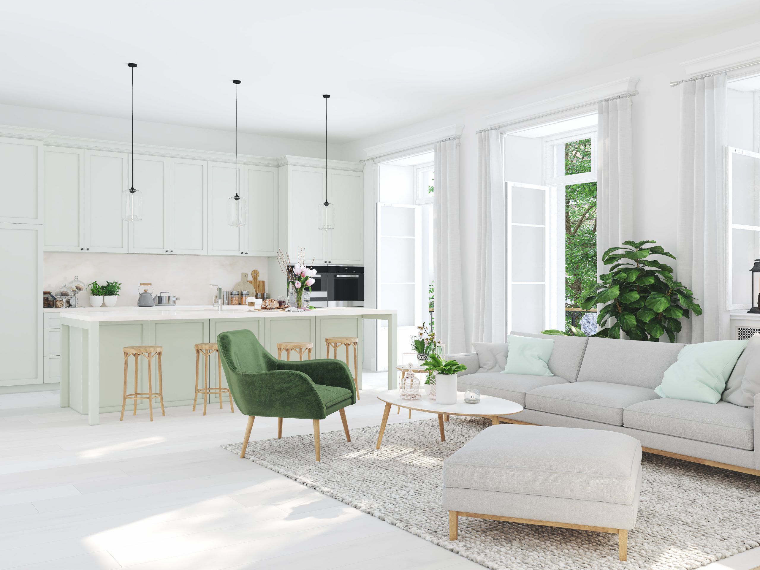 3d,Rendering.,Modern,Living,Room,In,Townhouse.