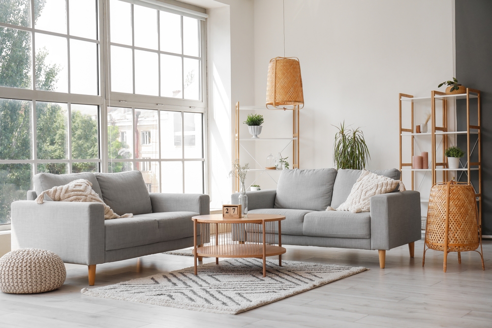Interior,Of,Light,Living,Room,With,Grey,Sofas,,Coffee,Table
